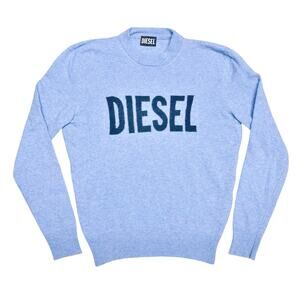 DIESEL K-Crewneck Logo Print Wool-Cashmere Blend Light/Dark Blue Sweater Size M